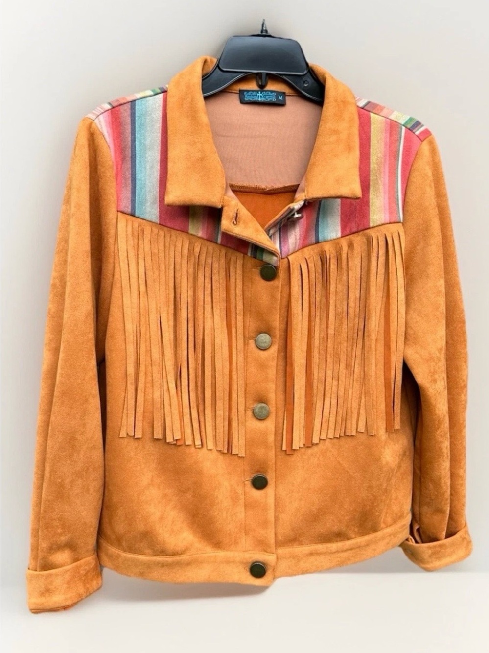 Fringed Suede (Like) Western Jacket in Tan with Multicolor Yoke Fashion Express - Picture 1 of 14